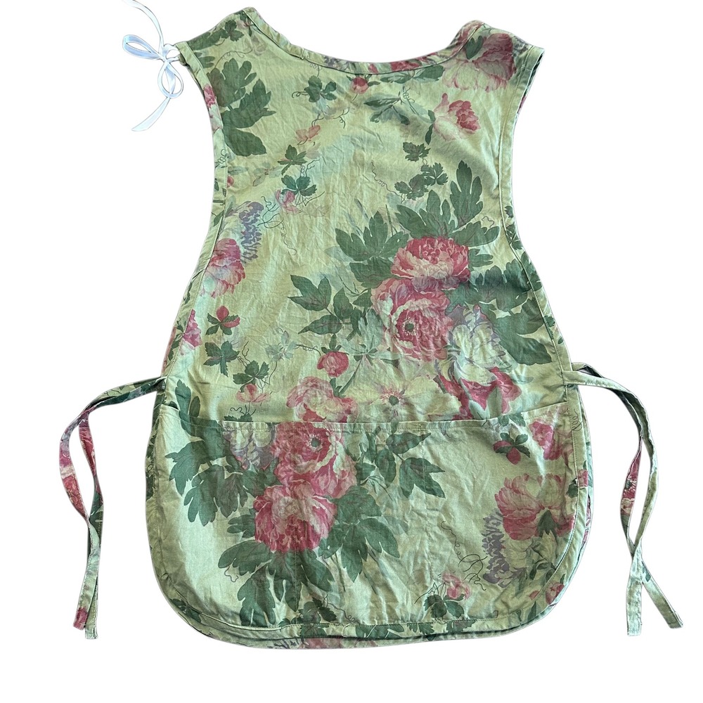 Vtg Floral Tabard Cobbler Apron Pink Green Peony Pinafore Side Tie Cottagecore